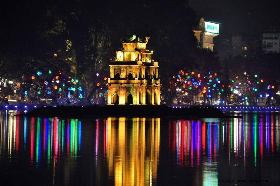 Hanoi's Hoan Kiem Lake at night.