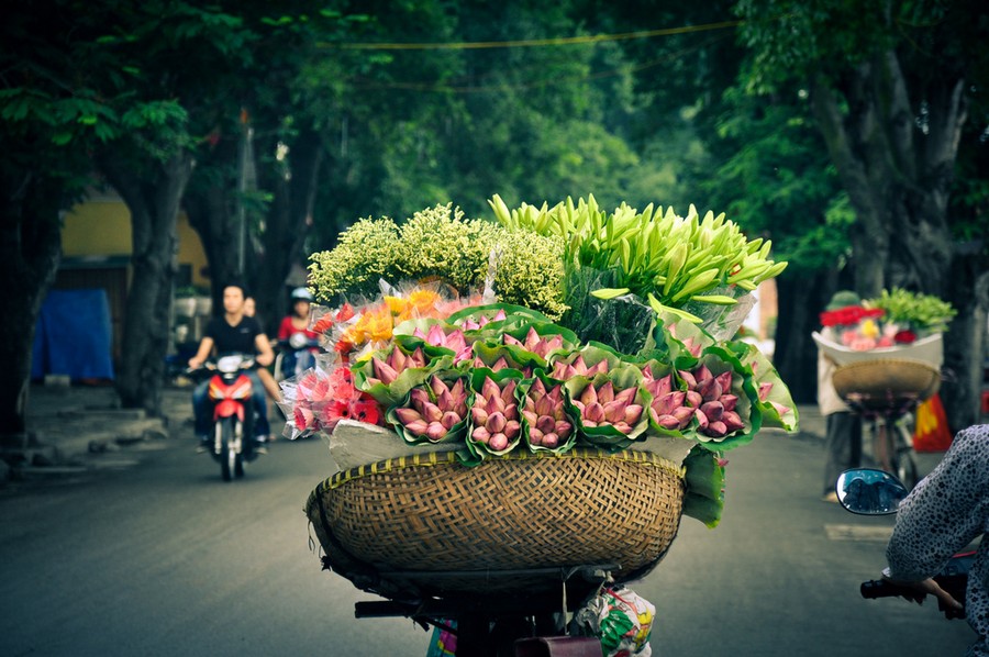In the autumn season, you can behold the delightful spectacle of flower vendor bicycles decorated with an array of blossoms.